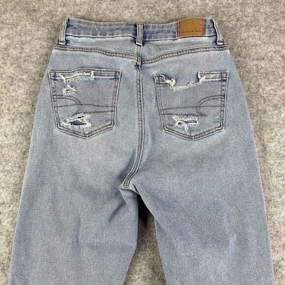 American Eagle Curvy Mom Jeans Womens 00R Med Wash Shark Bite Hem Stretch Denim - Picture 6 of 16